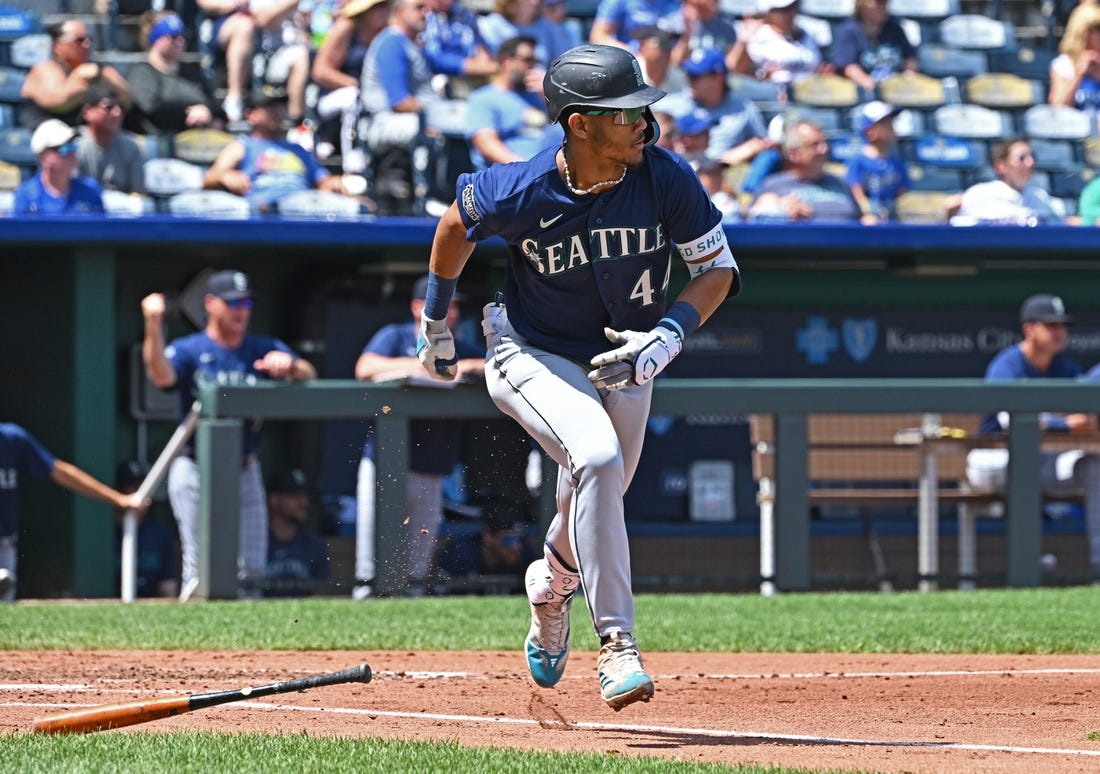 Aug 17, 2023; Kansas City, Missouri, USA;  Seattle Mariners center fielder Julio Rodriguez (44) runs to first base after hitting an RBI single in the second inning against the Kansas City Royals at Kauffman Stadium. Mandatory Credit: Peter Aiken-USA TODAY Sports