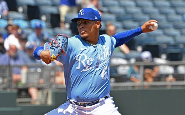 Aug 17, 2023; Kansas City, Missouri, USA;  Kansas City Royals starting pitcher Angel Zerpa (61) delivers a pitch in the first inning against the Seattle Mariners at Kauffman Stadium. Mandatory Credit: Peter Aiken-USA TODAY Sports
