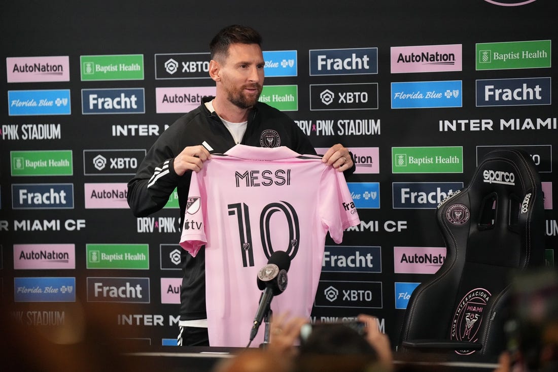 Aug 17, 2023; Ft. Lauderdale, FL, USA;  Lionel Messi of Inter Miami CF addresses the media at the DRV PNK Stadium Press Conference Room. Mandatory Credit: Jim Rassol-USA TODAY Sports