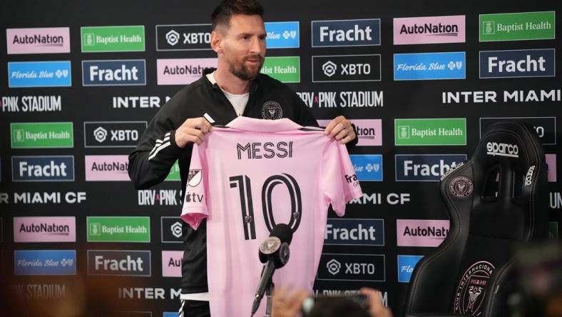 Aug 17, 2023; Ft. Lauderdale, FL, USA;  Lionel Messi of Inter Miami CF addresses the media at the DRV PNK Stadium Press Conference Room. Mandatory Credit: Jim Rassol-USA TODAY Sports