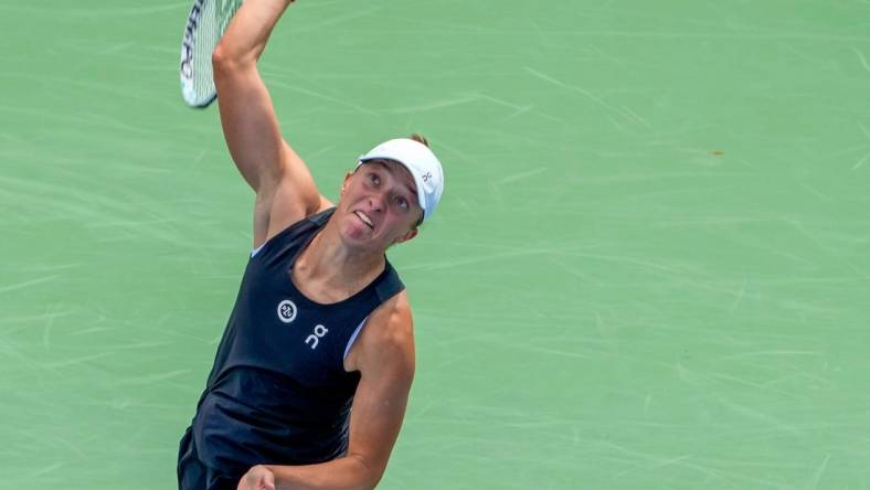 Number one ranked Iga Swiatek of Poland beat Qinwen Zheng of China 3-6, 6-1,6-1 during the 3rd round of the Western & Southern Open at the Lindner Family Tennis Center in Mason Thursday, August, 17, 2023.