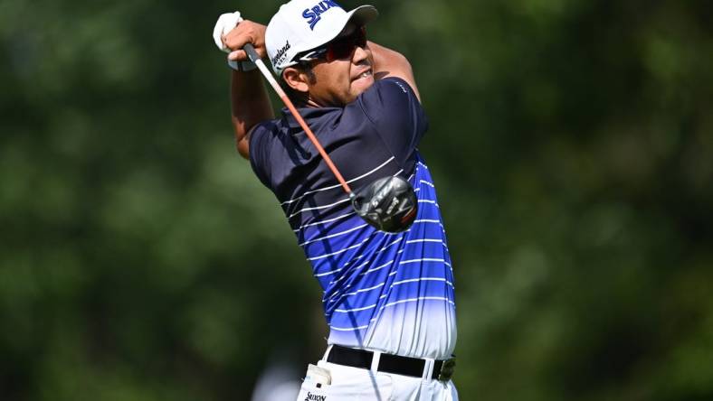 Aug 17, 2023; Olympia Fields, Illinois, USA; Hideki Matsuyama tees off from the 15th tee during the first round of the BMW Championship golf tournament. Mandatory Credit: Jamie Sabau-USA TODAY Sports