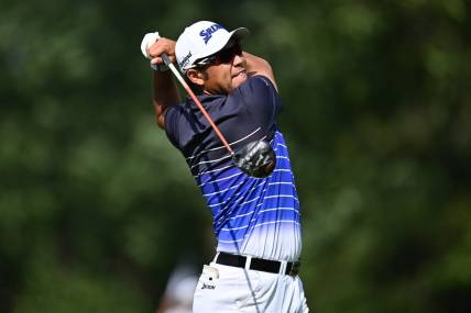 Aug 17, 2023; Olympia Fields, Illinois, USA; Hideki Matsuyama tees off from the 15th tee during the first round of the BMW Championship golf tournament. Mandatory Credit: Jamie Sabau-USA TODAY Sports