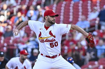 Aug 17, 2023; St. Louis, Missouri, USA;  St. Louis Cardinals starting pitcher Adam Wainwright (50) pitches against the New York Mets during the first inning at Busch Stadium. Mandatory Credit: Jeff Curry-USA TODAY Sports