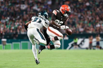 Aug 17, 2023; Philadelphia, Pennsylvania, USA; Philadelphia Eagles cornerback Mario Goodrich (31) breaks up a pass to Cleveland Browns wide receiver Mike Harley Jr. (82) during the second quarter at Lincoln Financial Field. Mandatory Credit: Bill Streicher-USA TODAY Sports