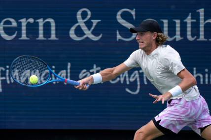 Max Purcell of Australia, hits a forehand to Carlos Alcaraz of Spain during the quarterfinals of the Western & Southern Open at the Lindner Family Tennis Center in Mason Friday, August, 18, 2023.