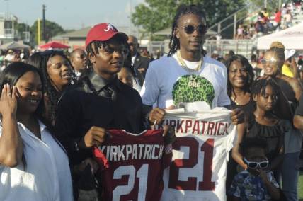 Gadsden City high football safety Dre Kirkpatrick commits to Alabama during a ceremony at the school, following his fathers footsteps on Friday, August 18, 2023.