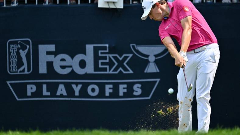 Aug 18, 2023; Olympia Fields, Illinois, USA; Matt Fitzpatrick tees off from the 16th tee during the second round of the BMW Championship golf tournament. Mandatory Credit: Jamie Sabau-USA TODAY Sports