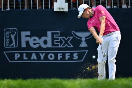 Aug 18, 2023; Olympia Fields, Illinois, USA; Matt Fitzpatrick tees off from the 16th tee during the second round of the BMW Championship golf tournament. Mandatory Credit: Jamie Sabau-USA TODAY Sports