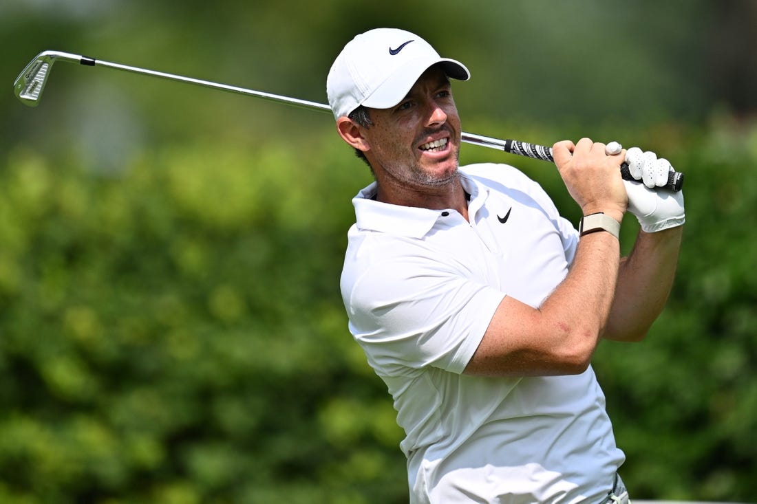 Aug 18, 2023; Olympia Fields, Illinois, USA; Rory McIlroy tees off from the12th tee during the second round of the BMW Championship golf tournament. Mandatory Credit: Jamie Sabau-USA TODAY Sports