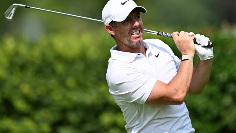 Aug 18, 2023; Olympia Fields, Illinois, USA; Rory McIlroy tees off from the12th tee during the second round of the BMW Championship golf tournament. Mandatory Credit: Jamie Sabau-USA TODAY Sports