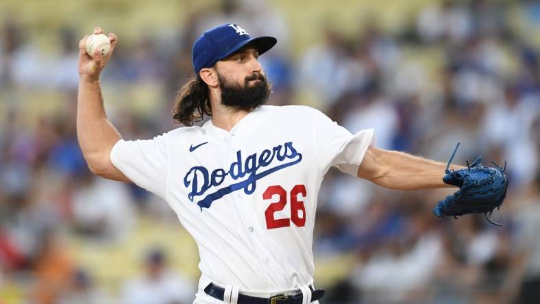 Aug 18, 2023; Los Angeles, California, USA; Los Angeles Dodgers starting pitcher Tony Gonsolin (26) throws a pitch against the Miami Marlins during the first inning at Dodger Stadium. Mandatory Credit: Jonathan Hui-USA TODAY Sports