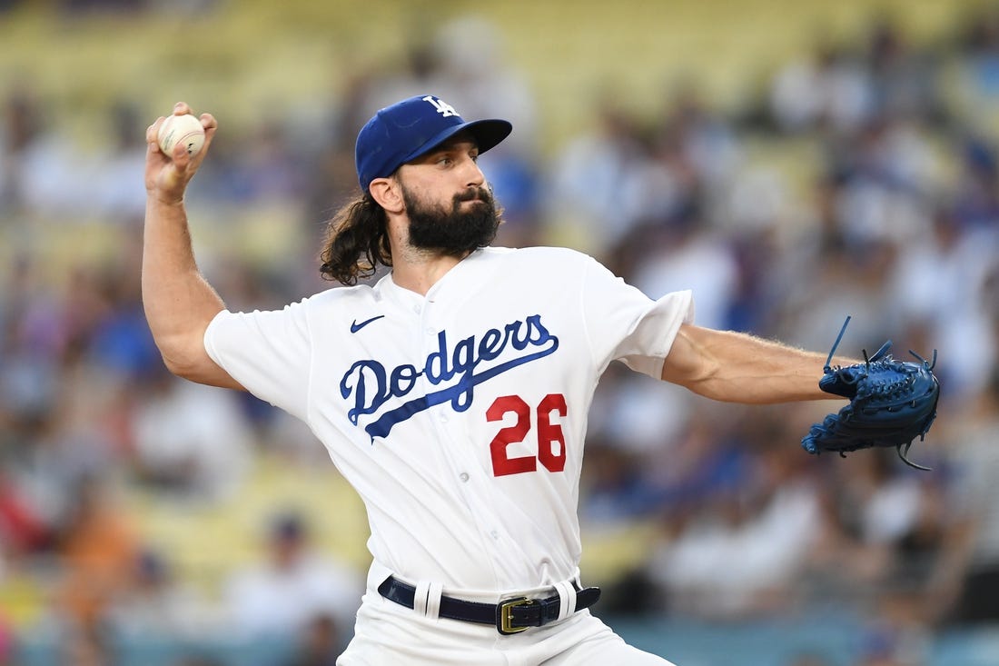 Aug 18, 2023; Los Angeles, California, USA; Los Angeles Dodgers starting pitcher Tony Gonsolin (26) throws a pitch against the Miami Marlins during the first inning at Dodger Stadium. Mandatory Credit: Jonathan Hui-USA TODAY Sports