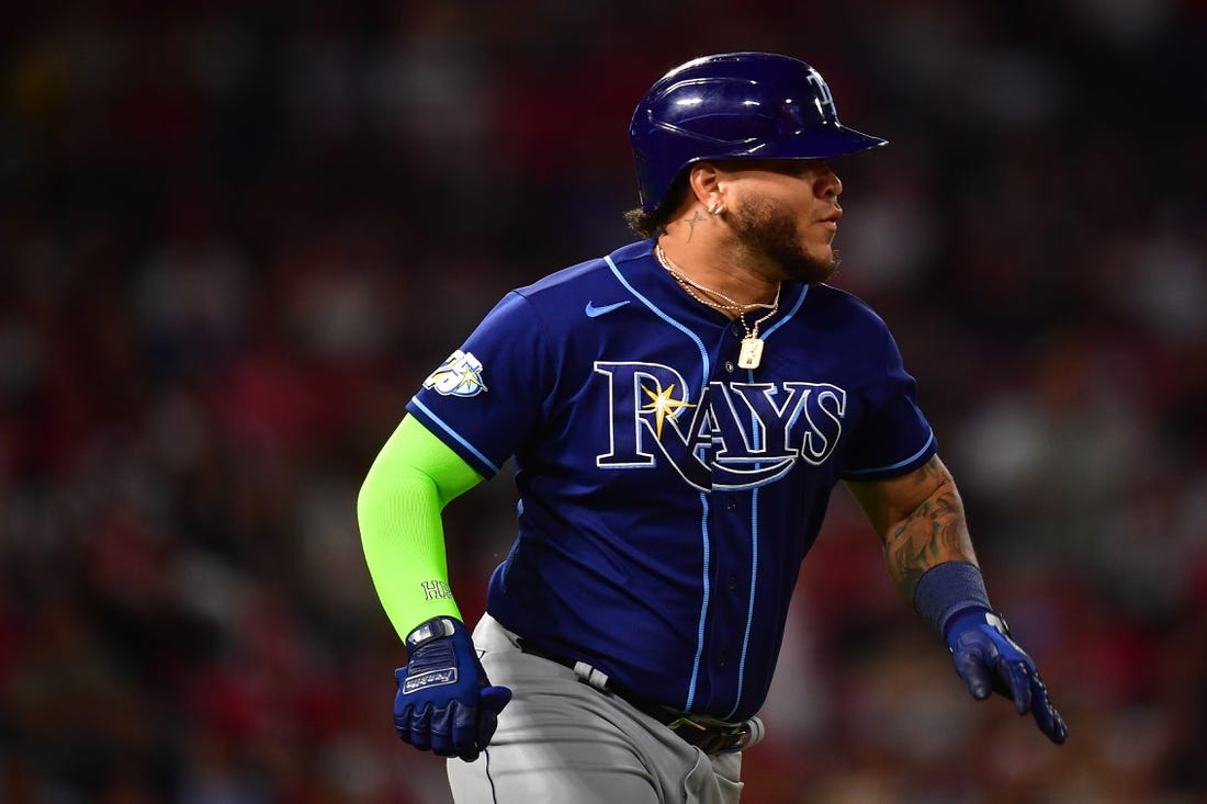 Randy Arozarena of the Tampa Bay Rays rounds the bases before