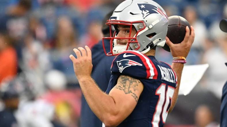 Aug 10, 2023; Foxborough, Massachusetts, USA; New England Patriots quarterback Trace McSorley (19) warms up before a game against the Houston Texans at Gillette Stadium. Mandatory Credit: Eric Canha-USA TODAY Sports