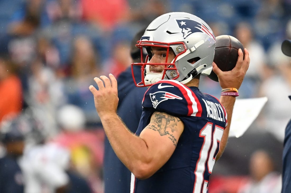 Aug 10, 2023; Foxborough, Massachusetts, USA; New England Patriots quarterback Trace McSorley (19) warms up before a game against the Houston Texans at Gillette Stadium. Mandatory Credit: Eric Canha-USA TODAY Sports