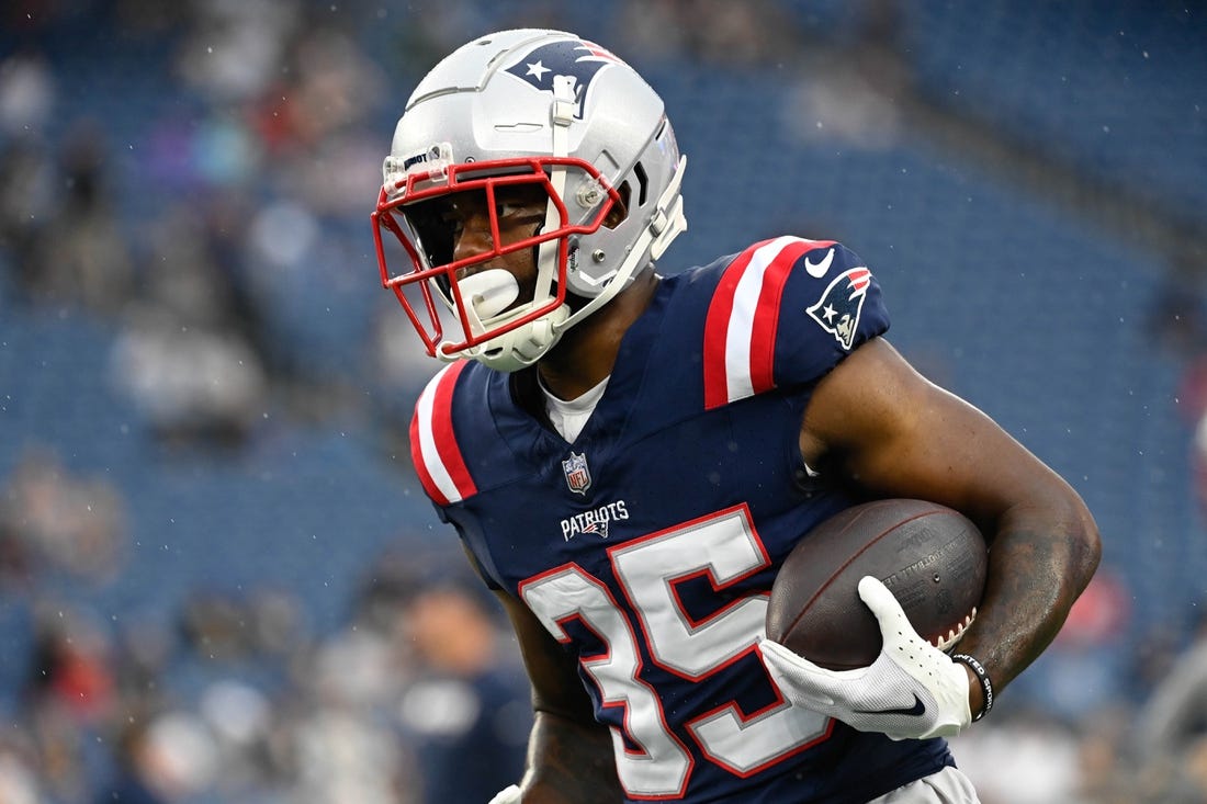 Aug 10, 2023; Foxborough, Massachusetts, USA; New England Patriots running back Pierre Strong Jr. (35) warms up before a game against the Houston Texans at Gillette Stadium. Mandatory Credit: Eric Canha-USA TODAY Sports