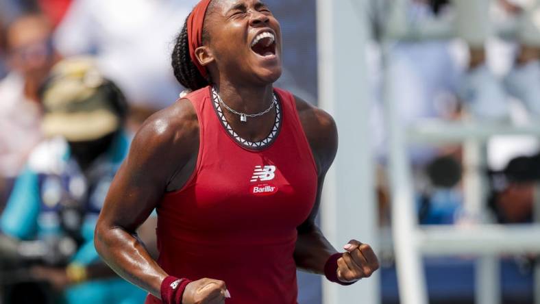 Aug 19, 2023; Mason, OH, USA; Coco Gauff (USA) reacts to winning the match over Iga Swiatek (POL) during the Western and Southern Open tennis tournament at Lindner Family Tennis Center. Mandatory Credit: Katie Stratman-USA TODAY Sports