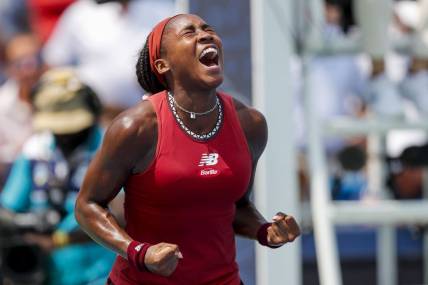 Aug 19, 2023; Mason, OH, USA; Coco Gauff (USA) reacts to winning the match over Iga Swiatek (POL) during the Western and Southern Open tennis tournament at Lindner Family Tennis Center. Mandatory Credit: Katie Stratman-USA TODAY Sports