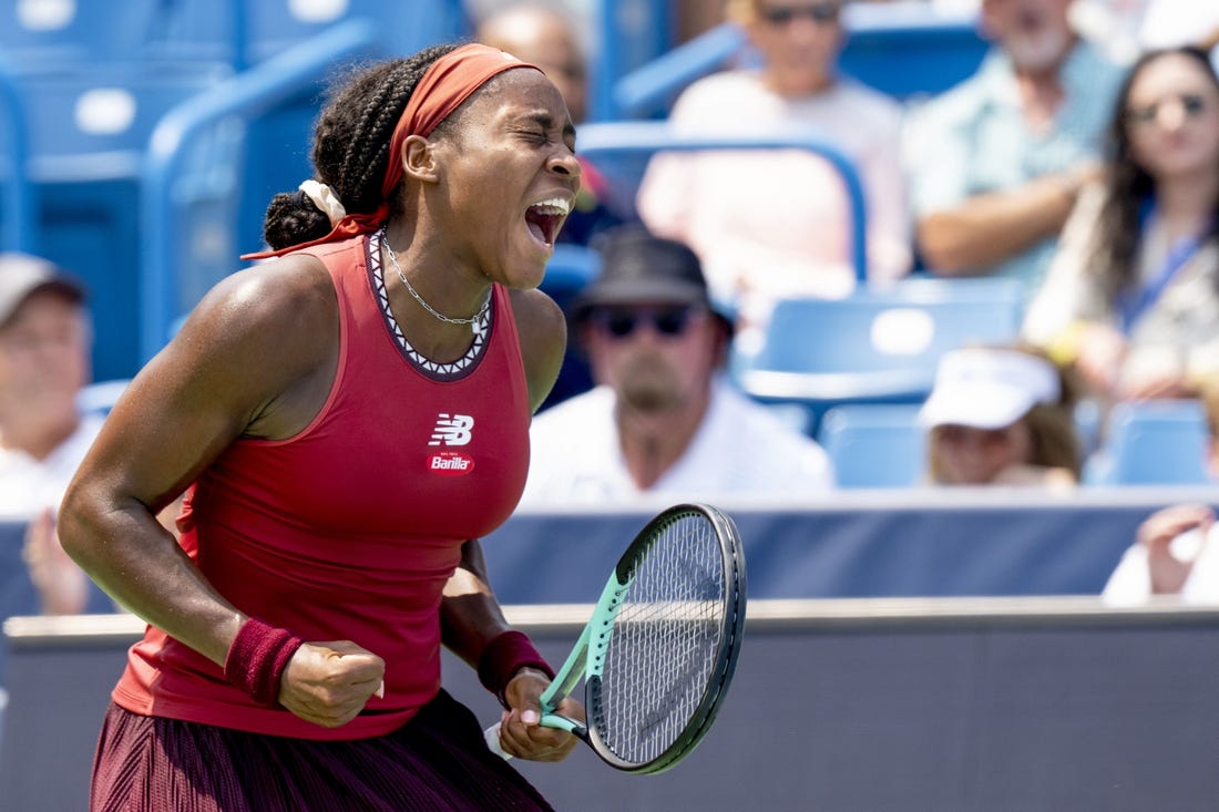 Aug 19, 2023; Mason, OH, USA; Coco Gauff, of the United States, celebrates after winning a point against Iga Swi  tek, of Poland, in their semifinal match at the Western & Southern Open at the Lindner Family Tennis Center. Mandatory Credit: Albert Cesare-USA TODAY Sports