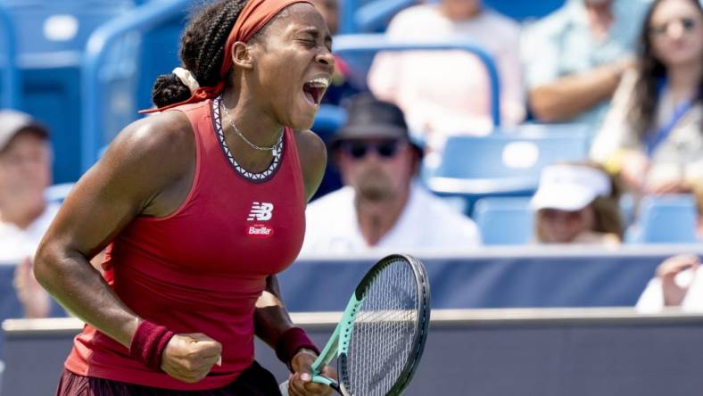 Aug 19, 2023; Mason, OH, USA; Coco Gauff, of the United States, celebrates after winning a point against Iga Swi  tek, of Poland, in their semifinal match at the Western & Southern Open at the Lindner Family Tennis Center. Mandatory Credit: Albert Cesare-USA TODAY Sports