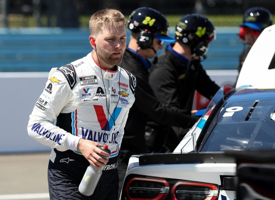 Aug 19, 2023; Watkins Glen, New York, USA; NASCAR Cup Series driver William Byron exits his race car during practice and qualifying for the Go Bowling at The Glen at Watkins Glen International. Mandatory Credit: Matthew O'Haren-USA TODAY Sports