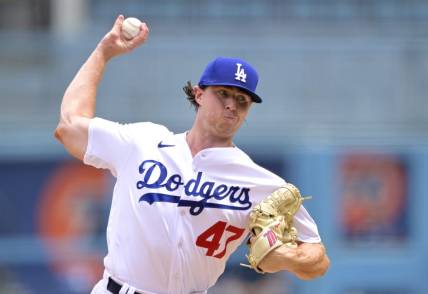 Aug 19, 2023; Los Angeles, California, USA;  Los Angeles Dodgers pitcher Ryan Pepiot (47) throws to the plate in the fourth inning against the Miami Marlins at Dodger Stadium. Mandatory Credit: Jayne Kamin-Oncea-USA TODAY Sports