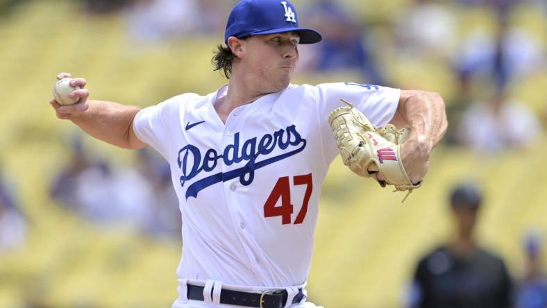 Aug 19, 2023; Los Angeles, California, USA;  Los Angeles Dodgers pitcher Ryan Pepiot (47) throws to the plate in the third inning against the Miami Marlins at Dodger Stadium. Mandatory Credit: Jayne Kamin-Oncea-USA TODAY Sports