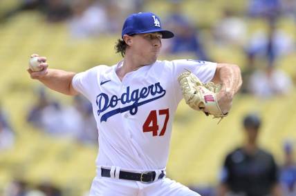 Aug 19, 2023; Los Angeles, California, USA;  Los Angeles Dodgers pitcher Ryan Pepiot (47) throws to the plate in the third inning against the Miami Marlins at Dodger Stadium. Mandatory Credit: Jayne Kamin-Oncea-USA TODAY Sports