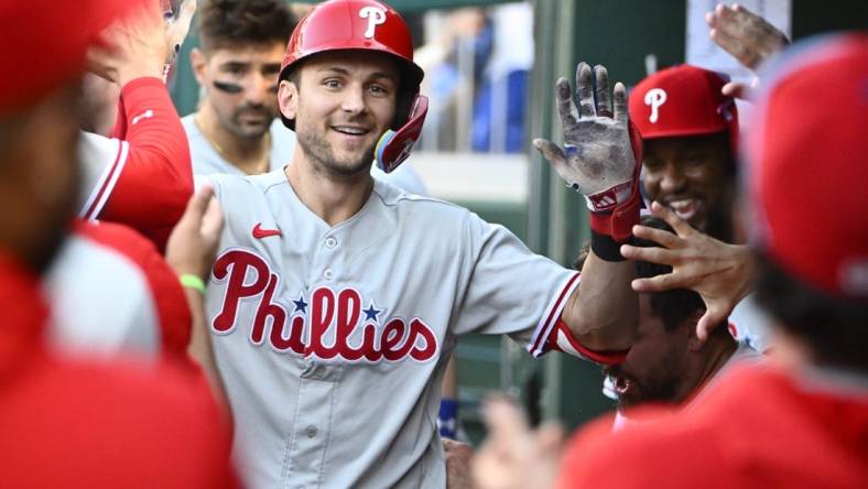 Aug 19, 2023; Washington, District of Columbia, USA; Philadelphia Phillies shortstop Trea Turner (7) is congratulated by teammates after hitting his second home run of the eighth inning against the Washington Nationals at Nationals Park. Mandatory Credit: Brad Mills-USA TODAY Sports