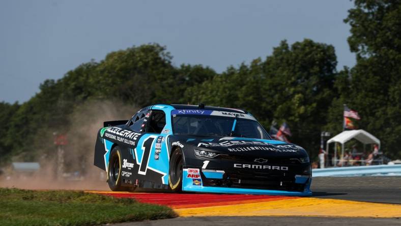 Aug 19, 2023; Watkins Glen, New York, USA; NASCAR Xfinity Series driver Sam Mayer (1) races during the Shriners Children   s 200 at Watkins Glen International. Mandatory Credit: Matthew O'Haren-USA TODAY Sports