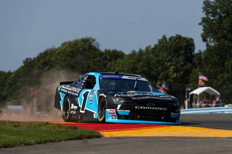 Aug 19, 2023; Watkins Glen, New York, USA; NASCAR Xfinity Series driver Sam Mayer (1) races during the Shriners Children   s 200 at Watkins Glen International. Mandatory Credit: Matthew O'Haren-USA TODAY Sports