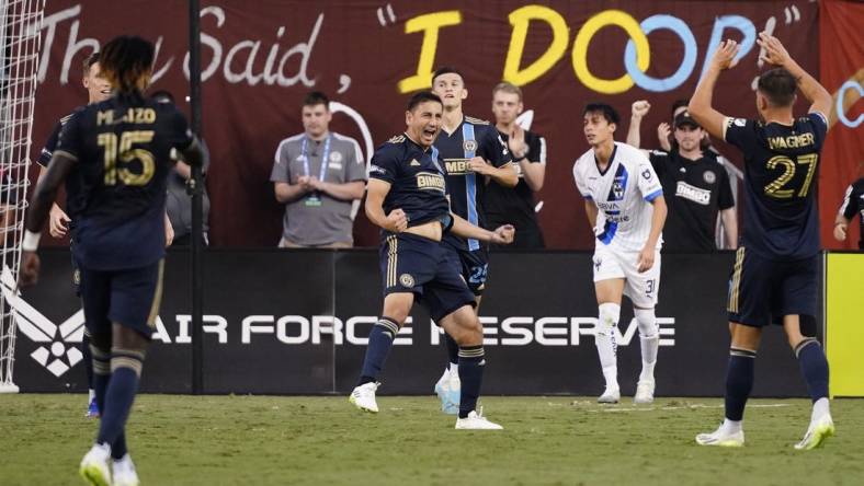 Aug 19, 2023; Chester, PA, USA; Philadelphia Union midfielder Alejandro Bedoya (left) celebrates with teammates after scoring a goal against CF Monterrey during the second half at Subaru Park. Mandatory Credit: Gregory Fisher-USA TODAY Sports