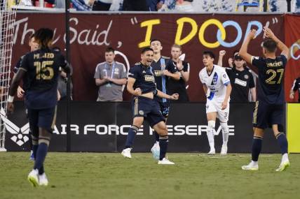 Aug 19, 2023; Chester, PA, USA; Philadelphia Union midfielder Alejandro Bedoya (left) celebrates with teammates after scoring a goal against CF Monterrey during the second half at Subaru Park. Mandatory Credit: Gregory Fisher-USA TODAY Sports