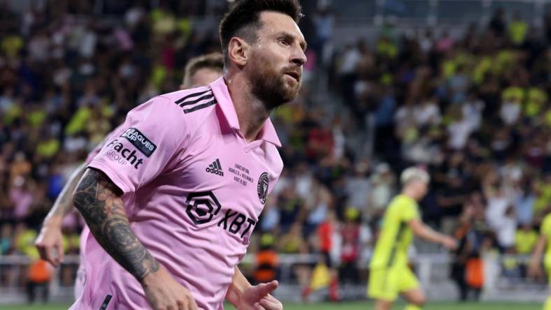 Aug 19, 2023; Nashville, TN, USA; Inter Miami forward Lionel Messi (10) reacts after scoring a goal against Nashville SC during he first half for the Leagues Cup Championship match at GEODIS Park.  Mandatory Credit: Vasha Hunt-USA TODAY Sports