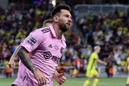 Aug 19, 2023; Nashville, TN, USA; Inter Miami forward Lionel Messi (10) reacts after scoring a goal against Nashville SC during he first half for the Leagues Cup Championship match at GEODIS Park.  Mandatory Credit: Vasha Hunt-USA TODAY Sports