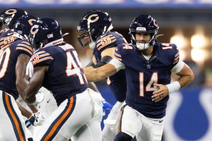 Aug 19, 2023; Indianapolis, Indiana, USA; Chicago Bears quarterback Nathan Peterman (14) hands off the ball to Chicago Bears fullback Robert Burns (45) in the second half against the Indianapolis Colts at Lucas Oil Stadium. Mandatory Credit: Trevor Ruszkowski-USA TODAY Sports
