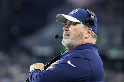 Aug 19, 2023; Seattle, Washington, USA; Dallas Cowboys head coach Mike McCarthy stands on the sideline during the second quarter against the Seattle Seahawks at Lumen Field. Mandatory Credit: Joe Nicholson-USA TODAY Sports