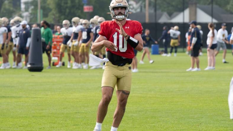 Sam Hartman QB of the Fighting Irish at Notre Dame football practice at the Irish Athletic Center on August 5, 2023.