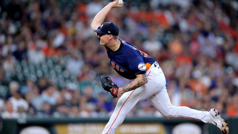 Aug 20, 2023; Houston, Texas, USA; Houston Astros starting pitcher Hunter Brown (58) delivers a pitch against the Seattle Mariners during the first inning at Minute Maid Park. Mandatory Credit: Erik Williams-USA TODAY Sports