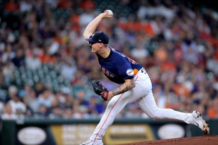 Aug 20, 2023; Houston, Texas, USA; Houston Astros starting pitcher Hunter Brown (58) delivers a pitch against the Seattle Mariners during the first inning at Minute Maid Park. Mandatory Credit: Erik Williams-USA TODAY Sports