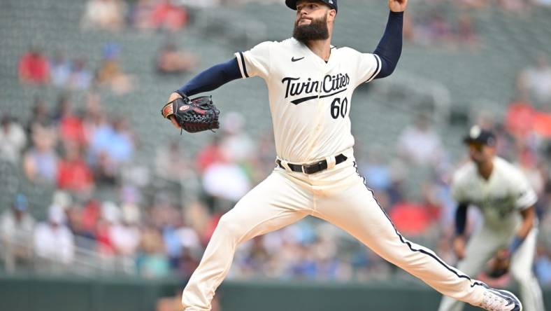 Aug 20, 2023; Minneapolis, Minnesota, USA; Minnesota Twins starting pitcher Dallas Keuchel (60) throws a pitch against the Pittsburgh Pirates during the first inning at Target Field. Mandatory Credit: Jeffrey Becker-USA TODAY Sports