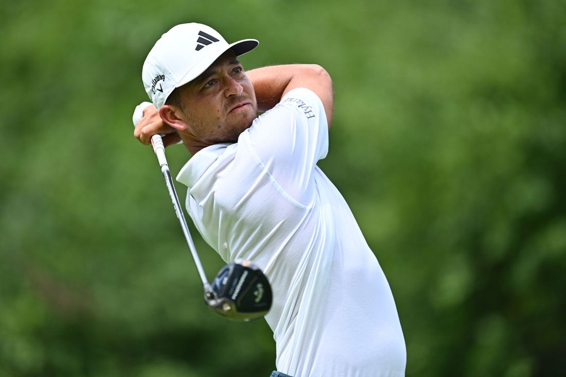 Aug 20, 2023; Olympia Fields, Illinois, USA; Xander Schauffele tees off from the 3rd tee during the final round of the BMW Championship golf tournament. Mandatory Credit: Jamie Sabau-USA TODAY Sports