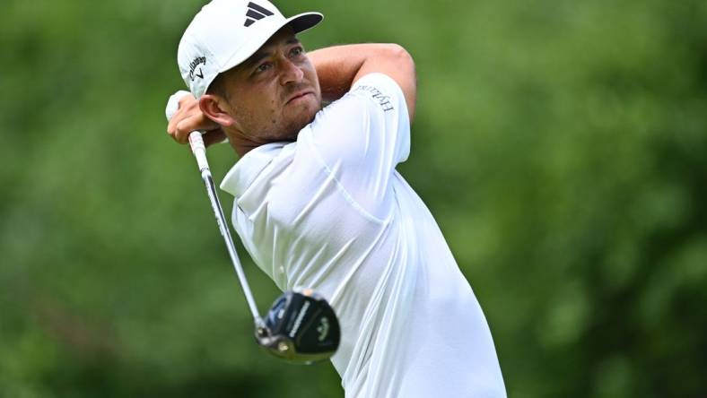 Aug 20, 2023; Olympia Fields, Illinois, USA; Xander Schauffele tees off from the 3rd tee during the final round of the BMW Championship golf tournament. Mandatory Credit: Jamie Sabau-USA TODAY Sports