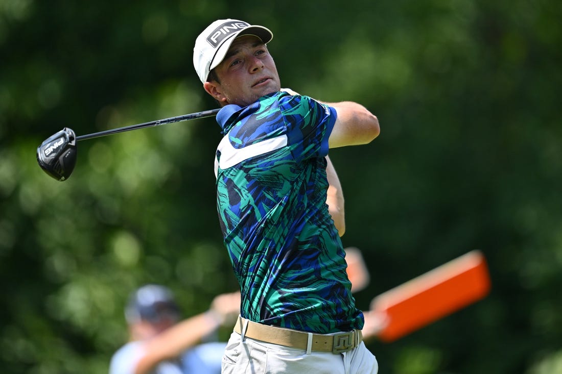 Aug 20, 2023; Olympia Fields, Illinois, USA; Viktor Hovland tees off from the 3rd tee during the final round of the BMW Championship golf tournament. Mandatory Credit: Jamie Sabau-USA TODAY Sports