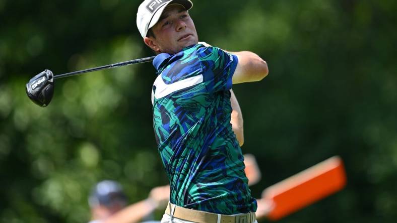 Aug 20, 2023; Olympia Fields, Illinois, USA; Viktor Hovland tees off from the 3rd tee during the final round of the BMW Championship golf tournament. Mandatory Credit: Jamie Sabau-USA TODAY Sports