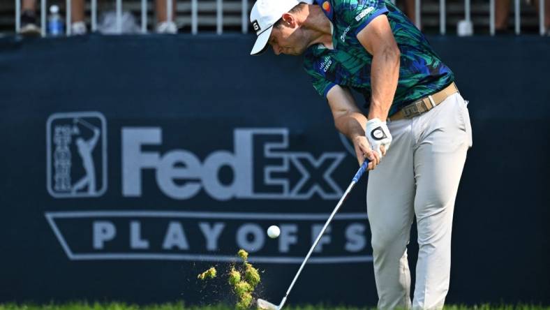 Aug 20, 2023; Olympia Fields, Illinois, USA; Viktor Hovland tees off from the 16th tee during the final round of the BMW Championship golf tournament. Mandatory Credit: Jamie Sabau-USA TODAY Sports