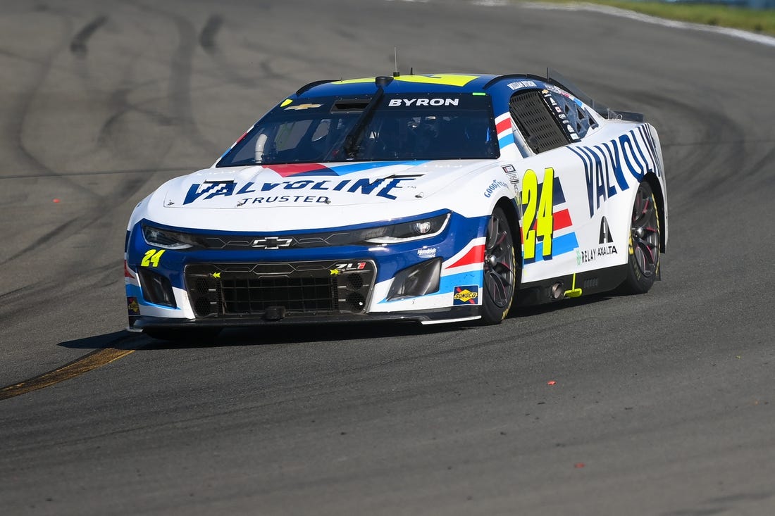 Aug 20, 2023; Watkins Glen, New York, USA; NASCAR Cup Series driver William Byron (24) drives during the Go Bowling at The Glen at Watkins Glen International. Mandatory Credit: Rich Barnes-USA TODAY Sports