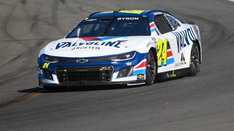 Aug 20, 2023; Watkins Glen, New York, USA; NASCAR Cup Series driver William Byron (24) drives during the Go Bowling at The Glen at Watkins Glen International. Mandatory Credit: Rich Barnes-USA TODAY Sports