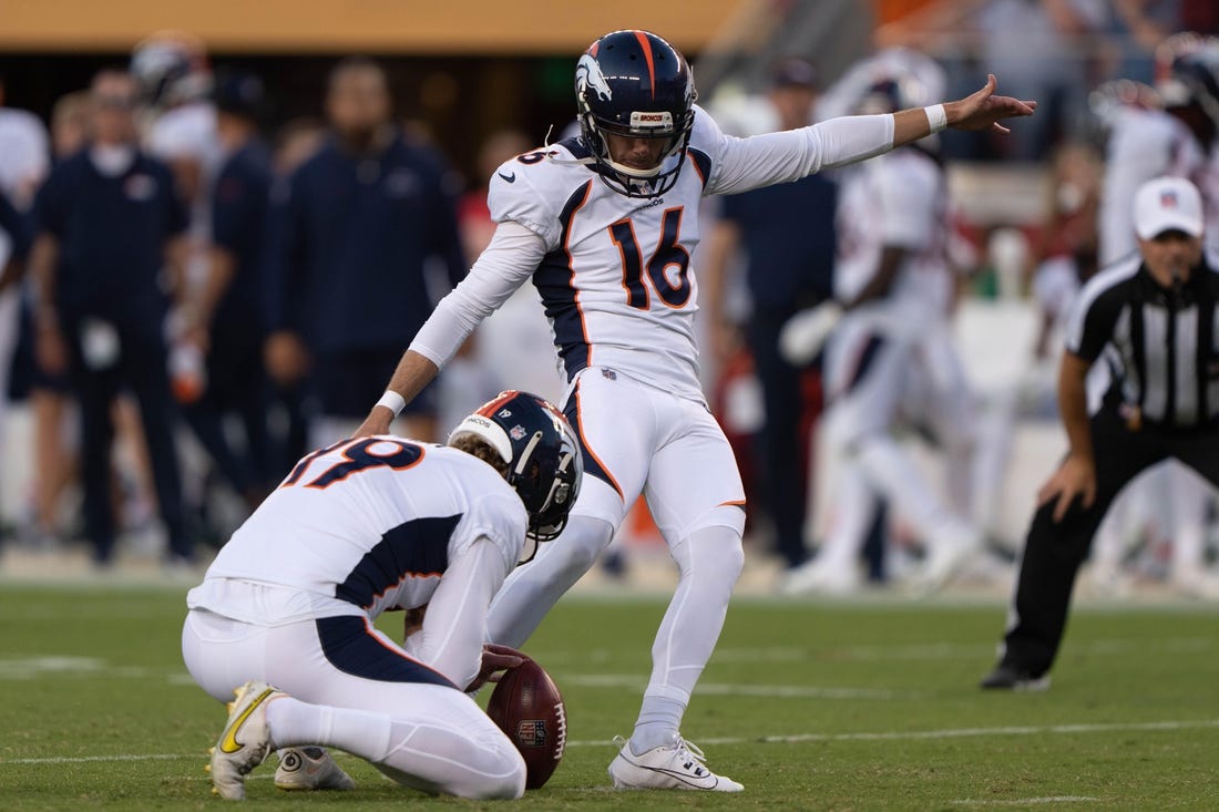 Aug 19, 2023; Santa Clara, California, USA;  Denver Broncos punter Riley Dixon (19) holds the ball for place kicker Brett Maher (16) during the third quarter against the San Francisco 49ers at Levi's Stadium. Mandatory Credit: Stan Szeto-USA TODAY Sports